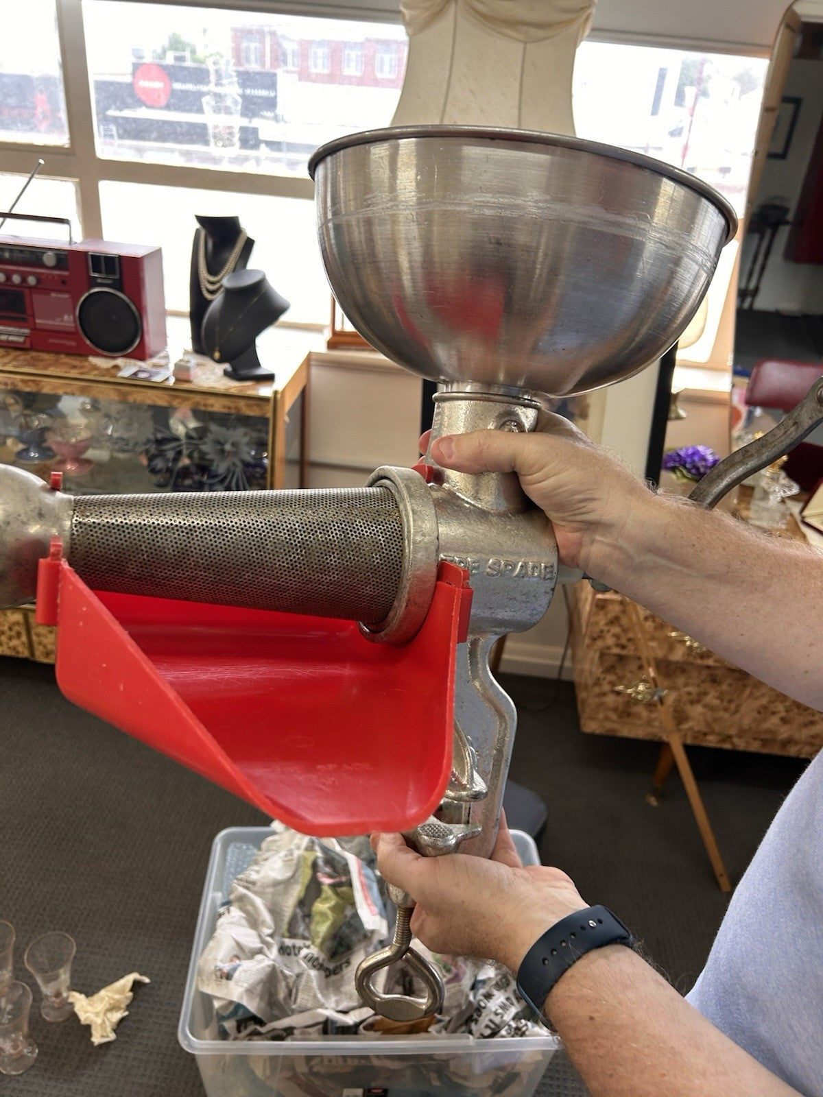 Tre Spade Hand Crank Food Mill Grinder w/ 2 Funnels Vintage Kitchen Italy