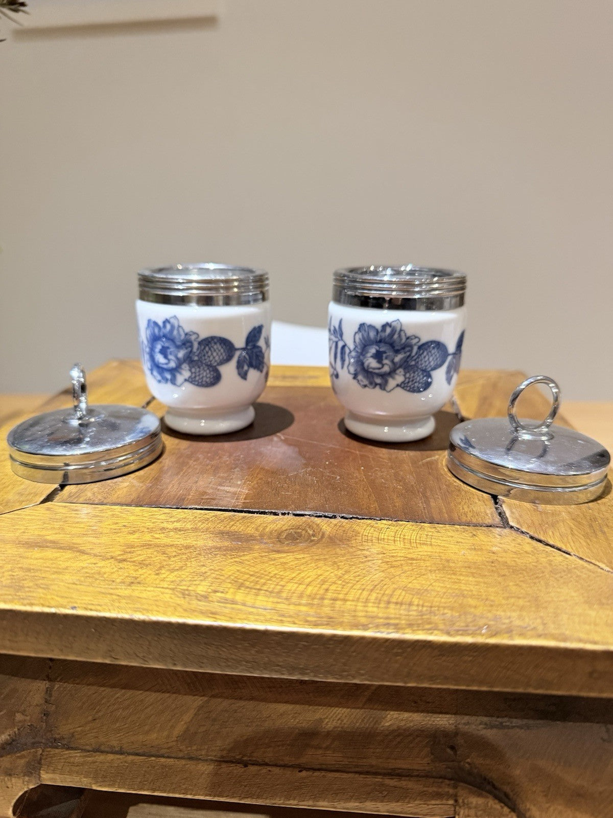 Royal Worcester Egg Coddlers Pair Blue Floral w Lids England Vintage