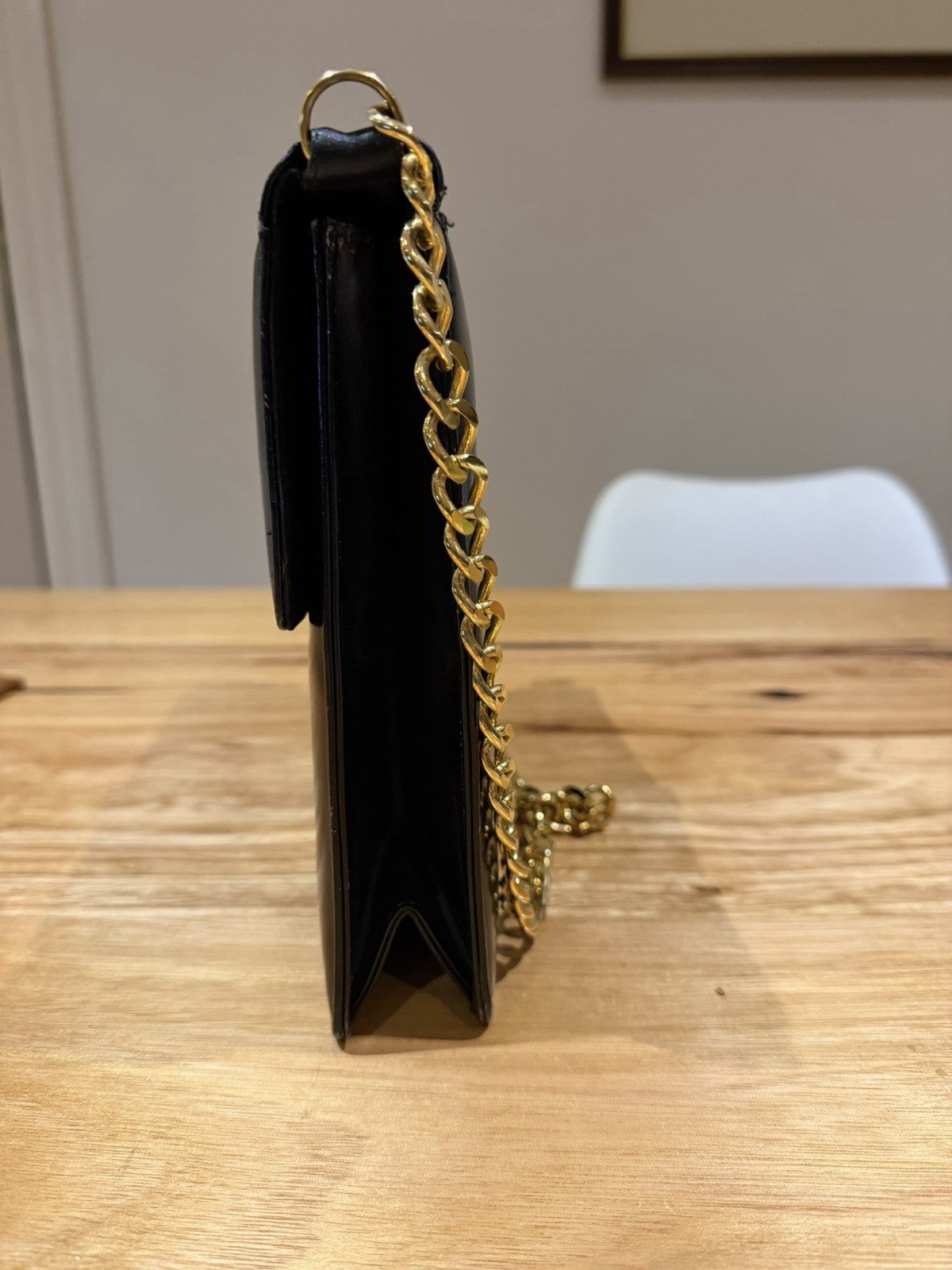 Vintage 1960s Cartner London Melbourne Handmade Black Hide Handbag Gold Chain