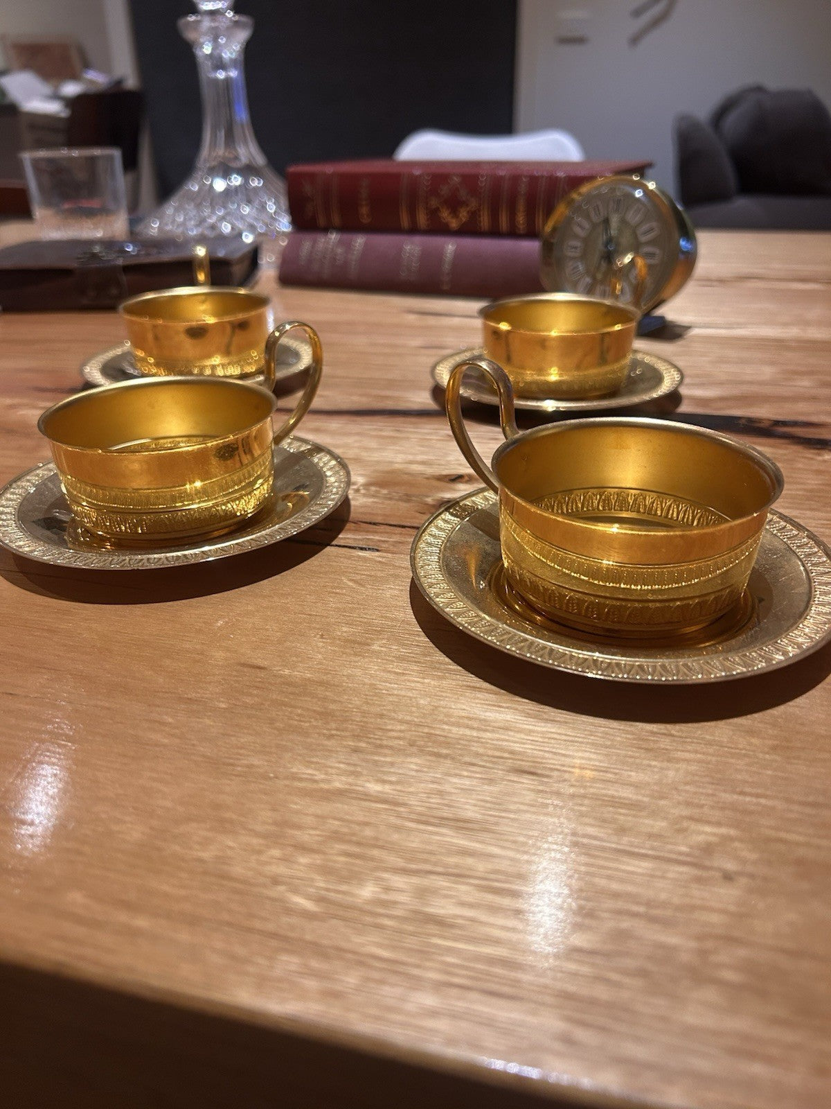 Vintage Gold Tone Aluminium Espresso Cups & Saucers Set 4 Retro Coffee