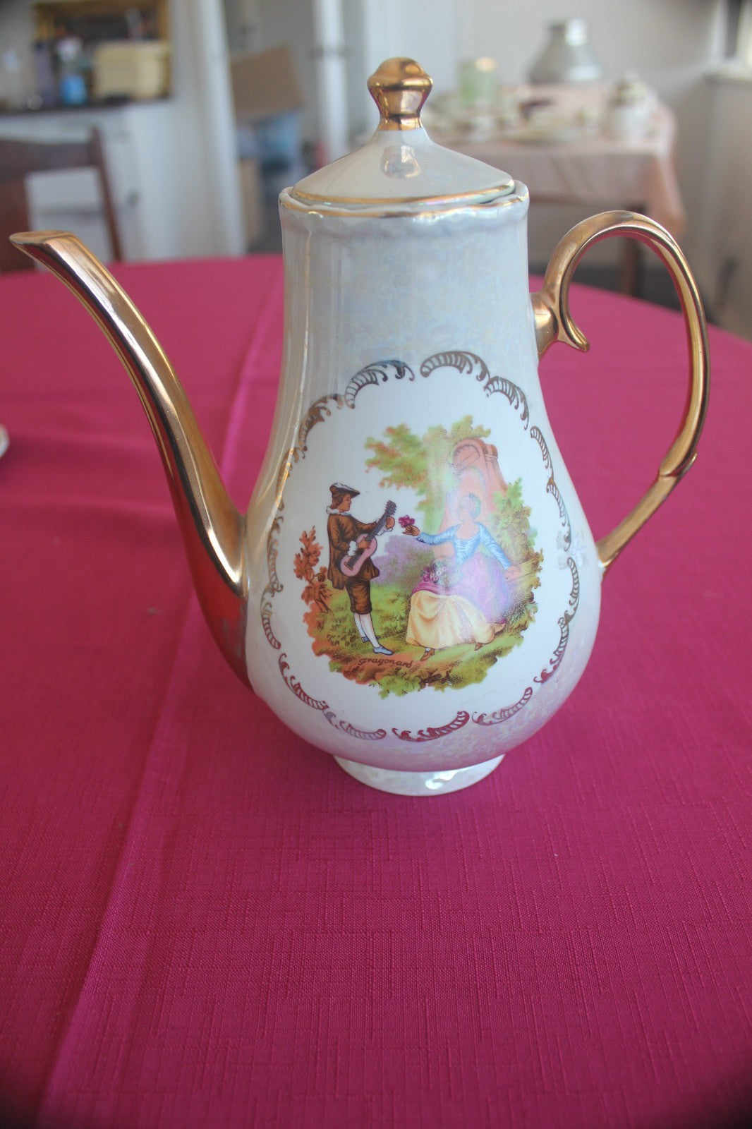 Vintage Nuria Spanish Lustreware Coffee Set – 21pc – Romantic Scenes – c.1950s