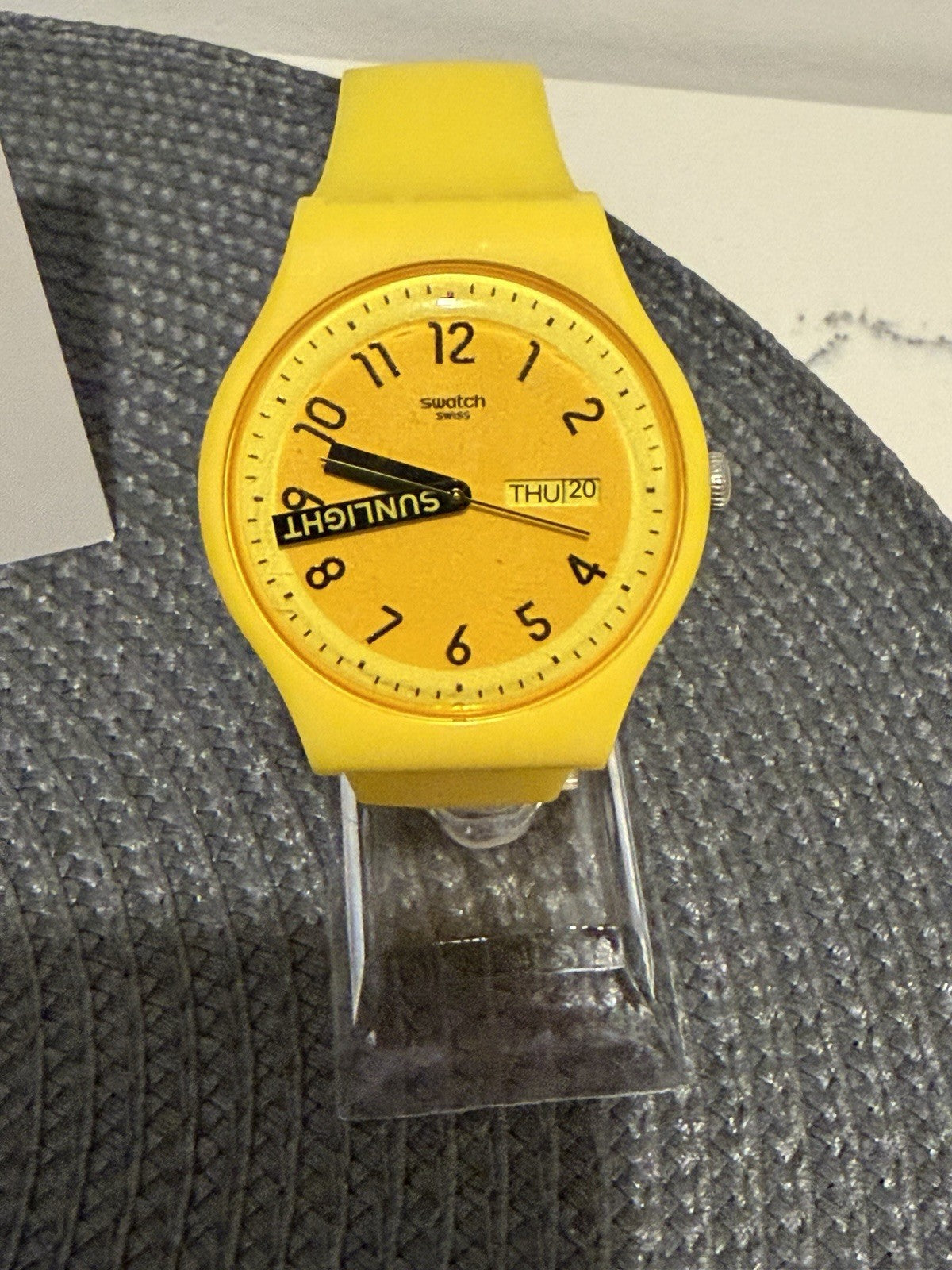 Swatch SUOJ702 Sunlight Yellow Rainbow Strap Swiss Watch Day Date Working