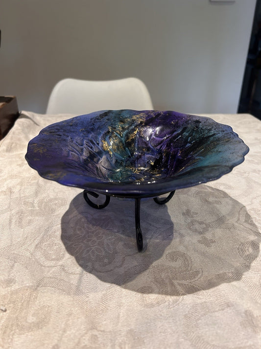  Vintage Blue Purple Art Glass Bowl on Metal Stand – Iridescent Decorative