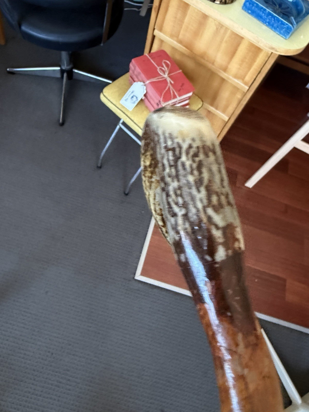 Vintage Antler Handle Walking Stick Cane Abalone Inlay Carved Timber 95cm