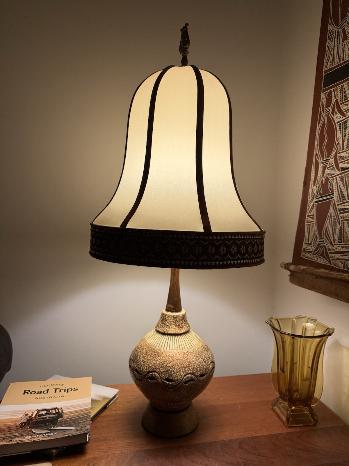 Vintage Mid Century Studio Pottery Table Lamp Ceramic Timber Base Working