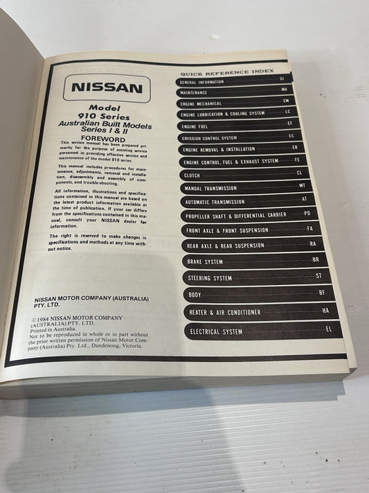 Nissan 910 Series Service Manual 1984 AU Bluebird Series I & II Workshop