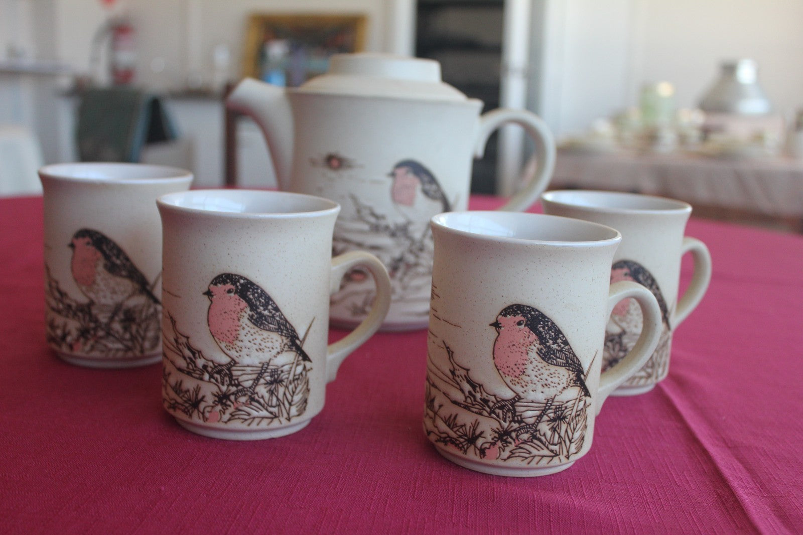 Vintage Ashdale Pottery England Robin Tea Set – Teapot + 4 Mugs – c1981