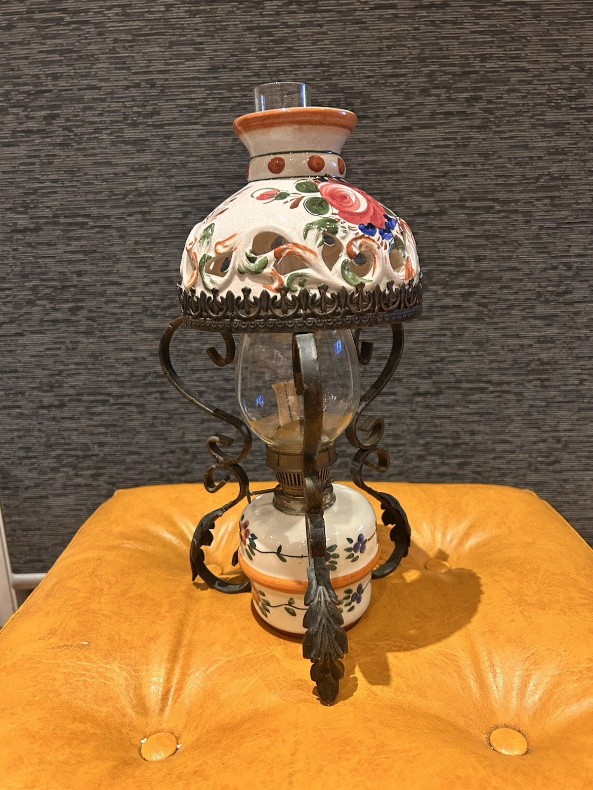 Vintage Italian Style Ceramic & Wrought Iron Oil Lamp – Tuscan Revival 1970s