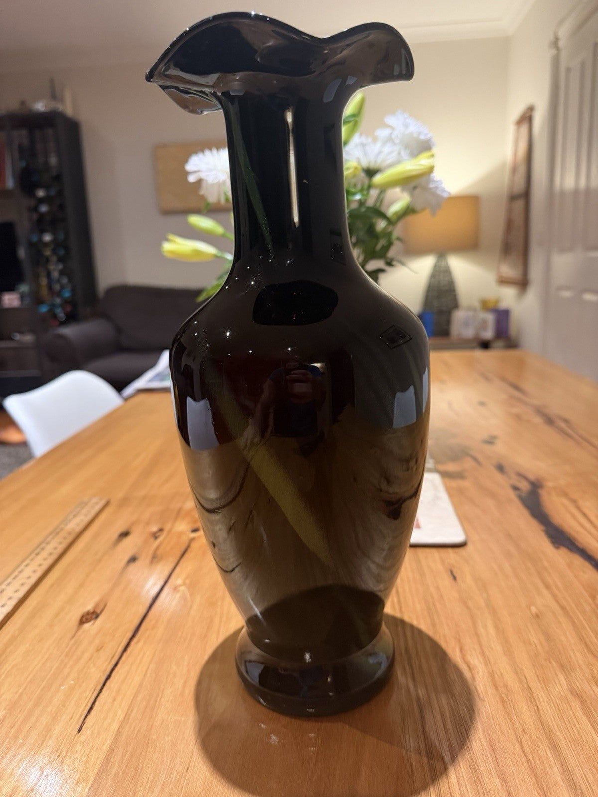 Large Black Green Aventurine Art Glass Vase Ruffled Rim 35cm Murano Style