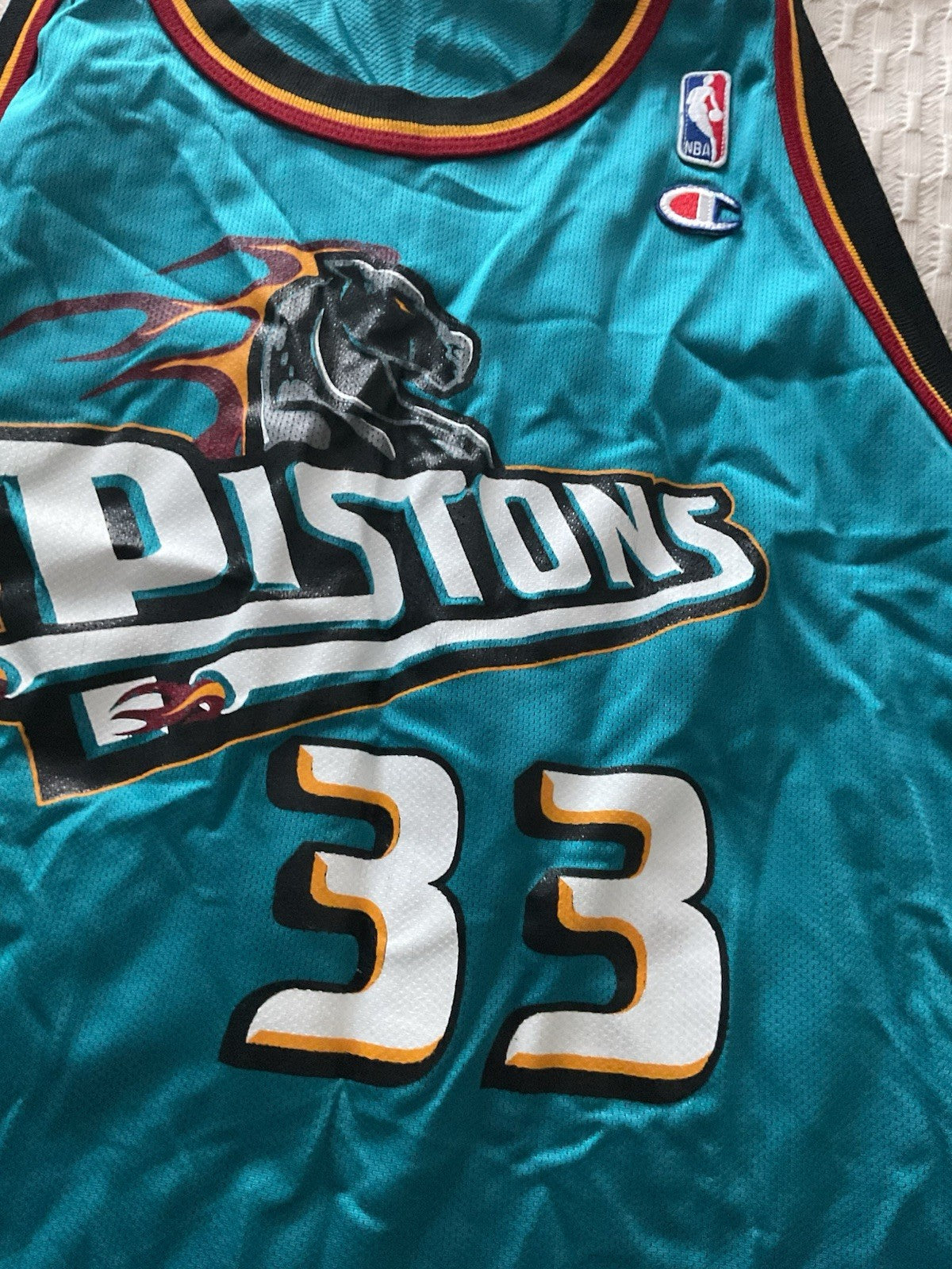 Vintage Champion Grant Hill #33 Detroit Pistons Teal NBA Jersey Size 52 USA Era