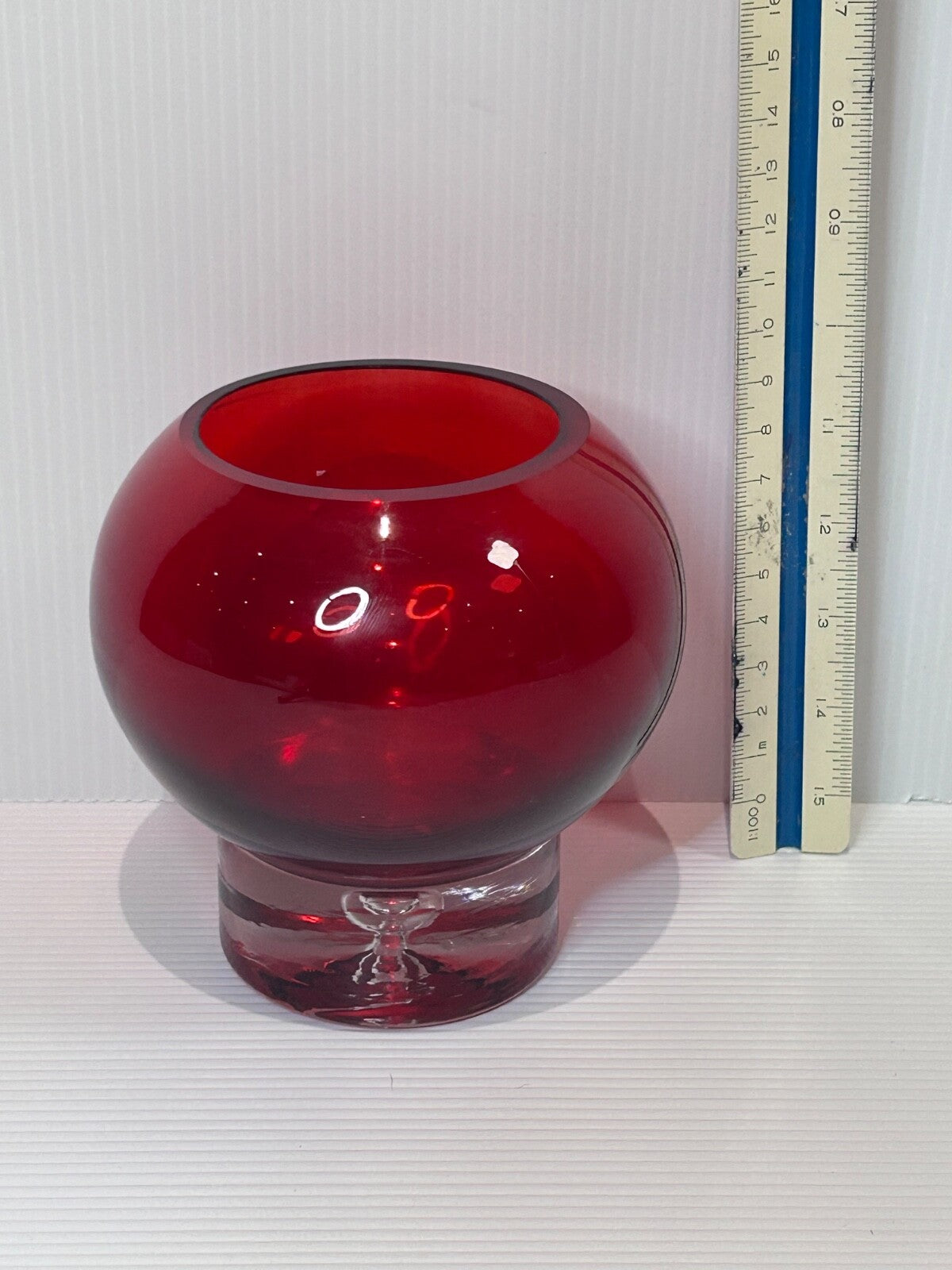 Polish Art Glass Vase  Red Cased Bowl on Clear Bubble Base – Krosno Style  1990s