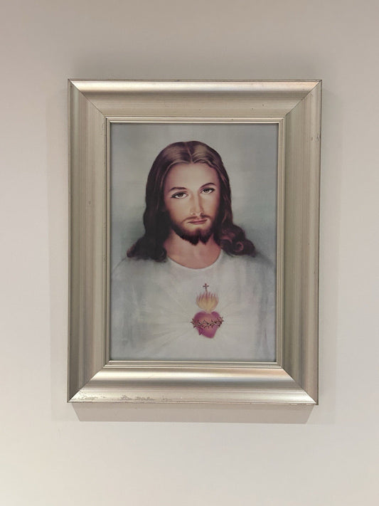 Vintage Sacred Heart of Jesus Framed Print – 1960s Devotional Art 55x43cm