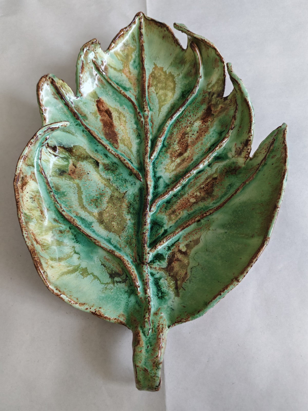Vintage Studio Pottery Leaf Dish / Platter – Handcrafted Green Glaze
