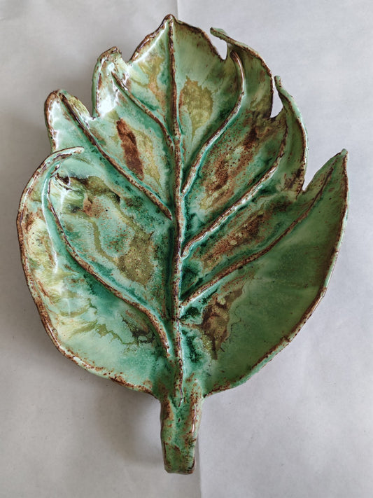 Vintage Studio Pottery Leaf Dish / Platter – Handcrafted Green Glaze