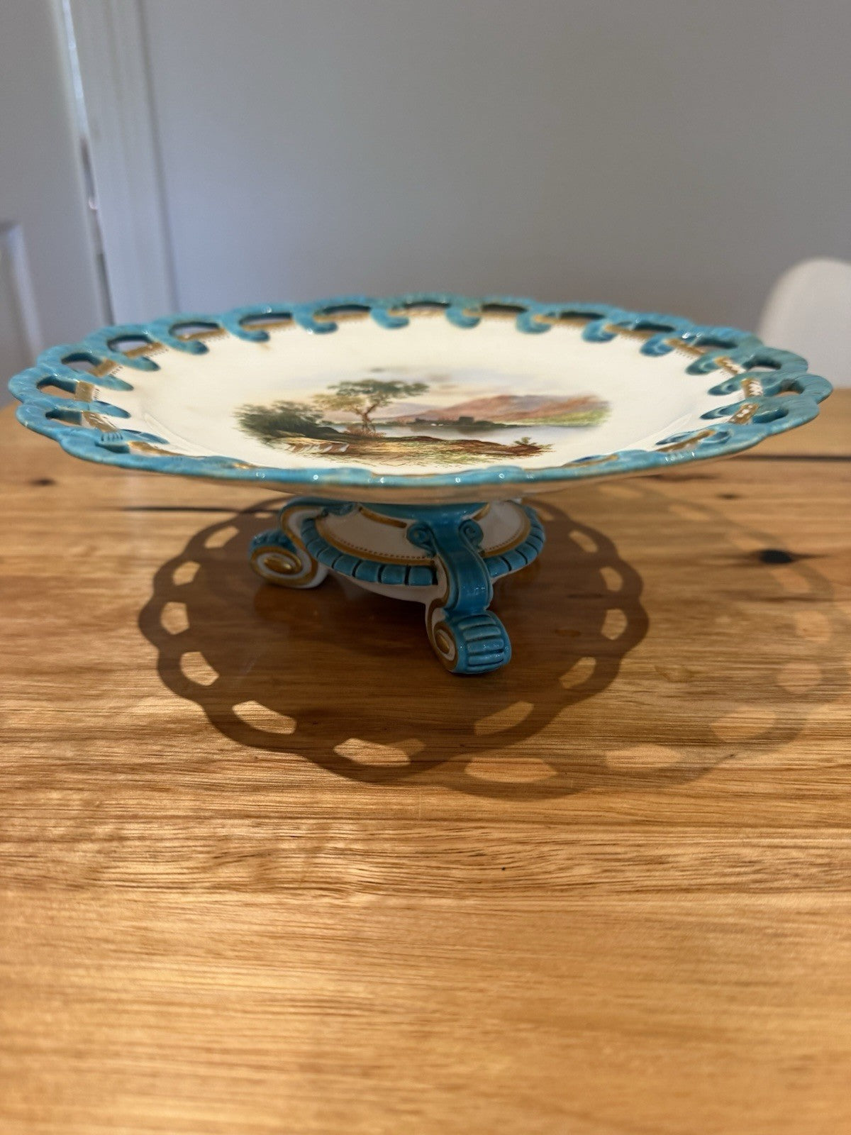 Antique Minton Style Porcelain Tazza Turquoise Pierced Rim Landscape c.1860