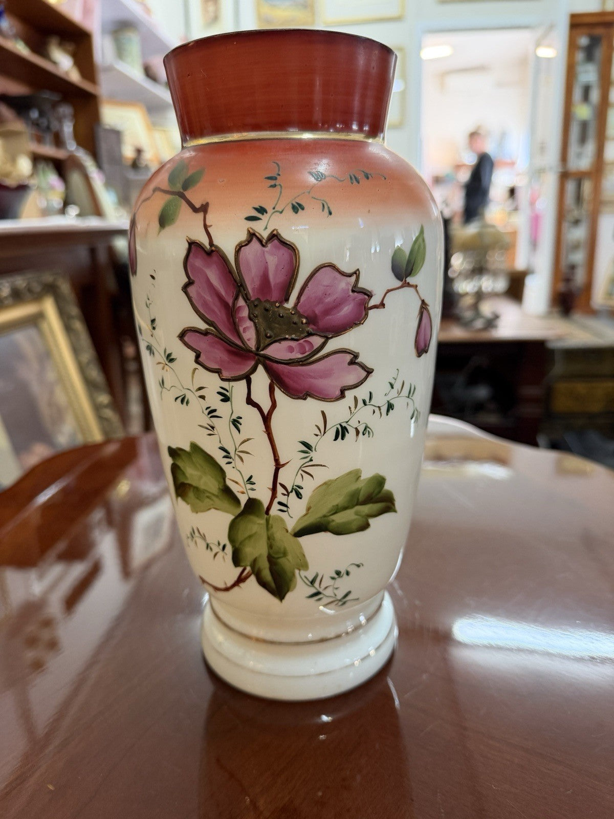 Antique Hand Painted Satin Glass Vase Cranberry Rim Floral Art Glass 25cm