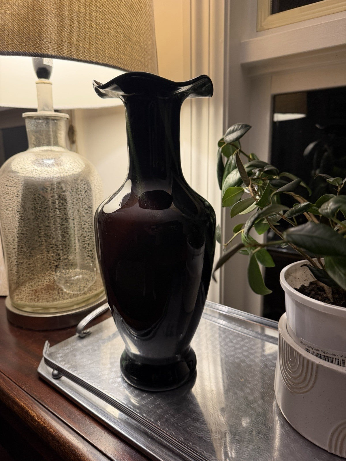 Large Black Green Aventurine Art Glass Vase Ruffled Rim 35cm Murano Style