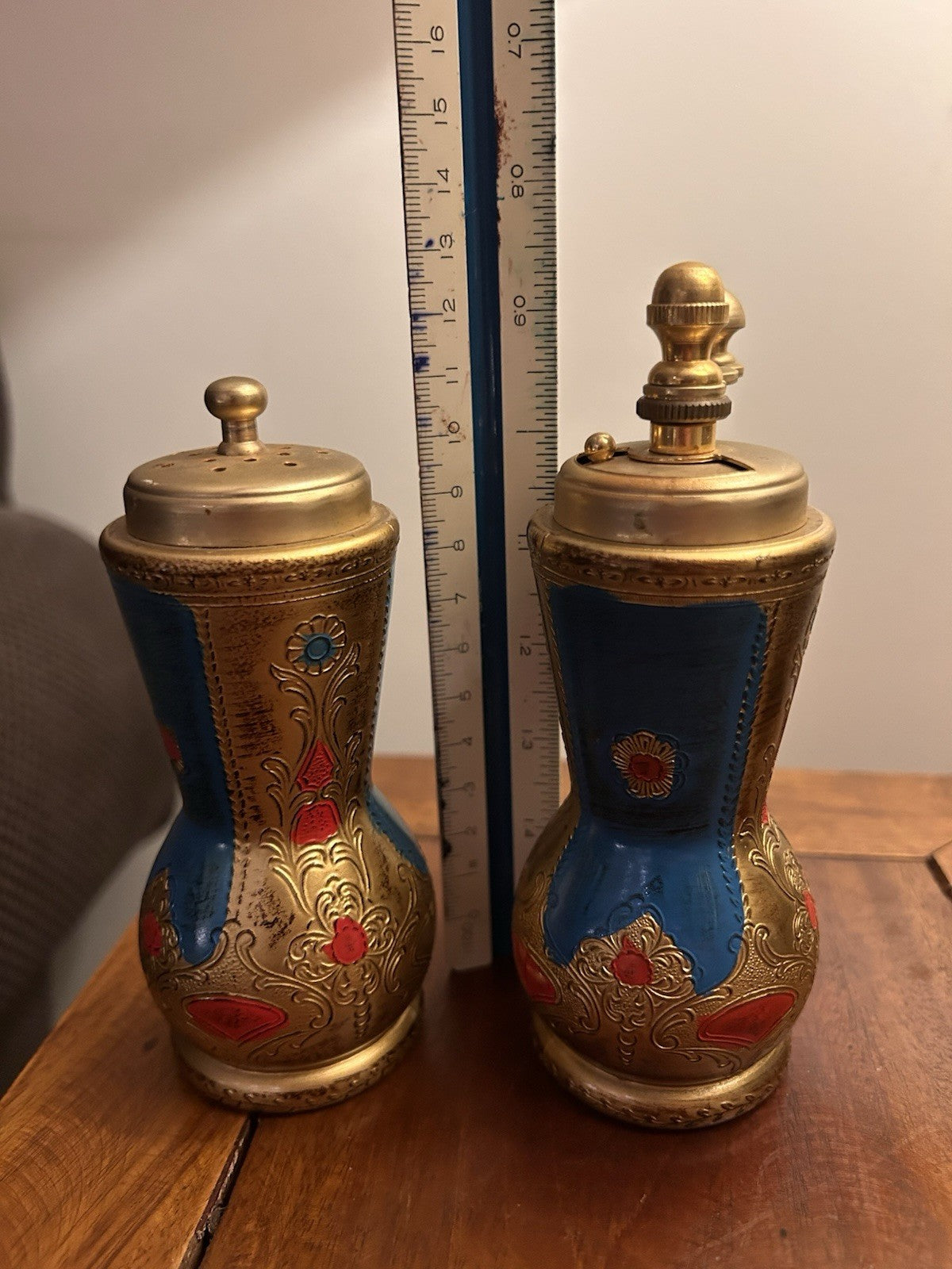 Vintage Italian Salt Pepper Grinder Set Blue Gold Florentine Style Pair