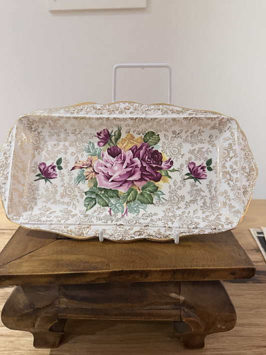 Old Foley James Kent Floral Tray Gold Gilt Staffordshire Vintage 27cm