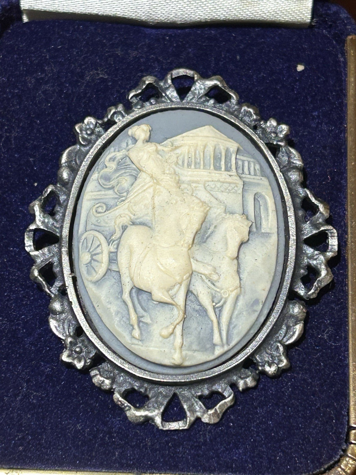 Vintage Cameo Brooch Roman Scene Horse Rider Crown English Collectable