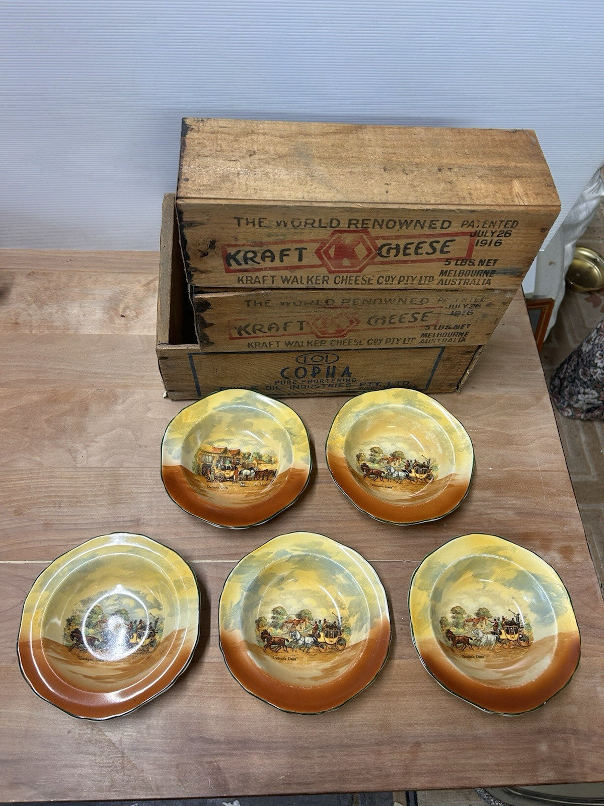 Empire Ware Dickens Days Bowl Set x6 Stagecoach Scene Vintage England