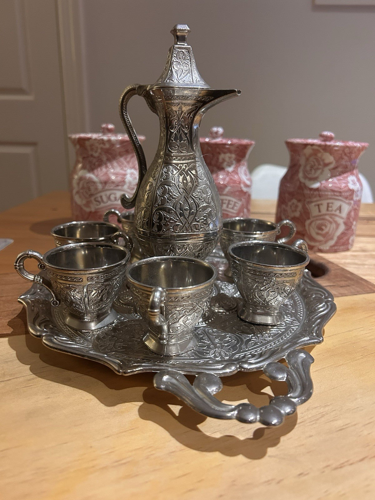 Vintage Turkish Dallah Coffee Set SENA Türkiye Tray Cups Ornate 8 Piece Set