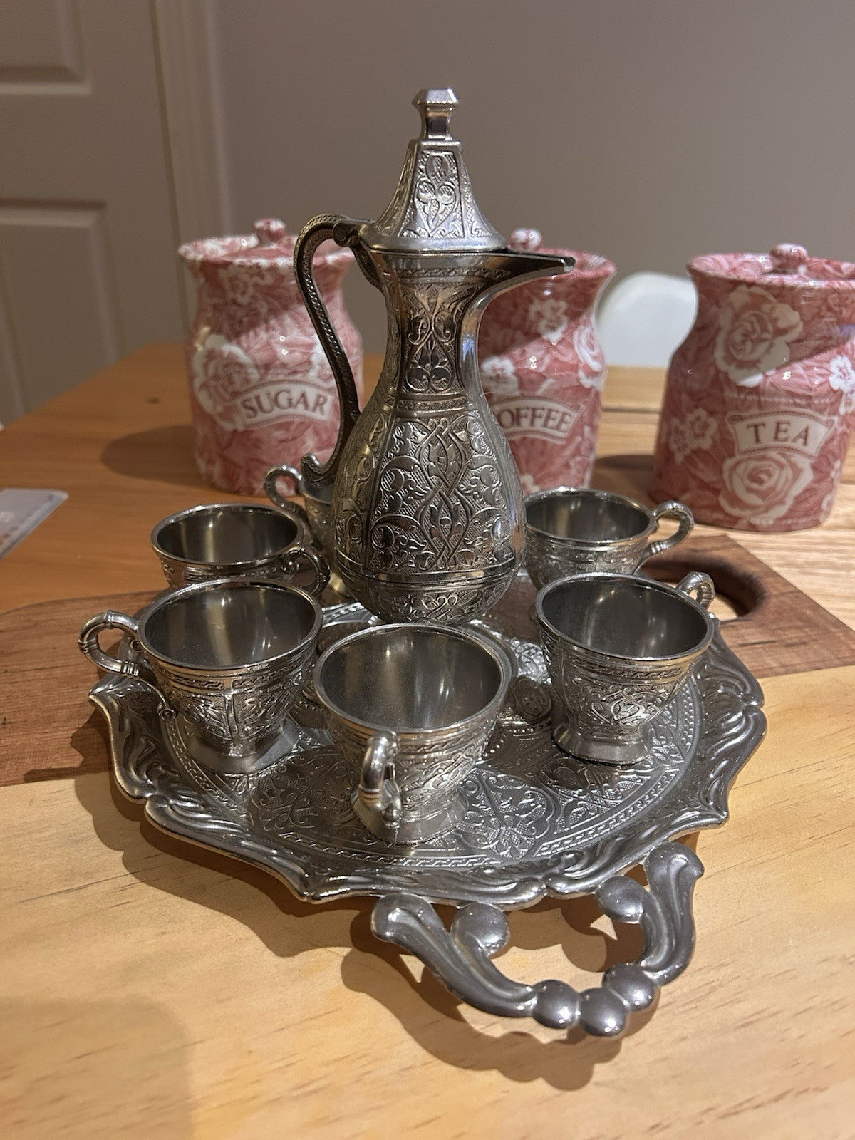 Vintage Turkish Dallah Coffee Set SENA Türkiye Tray Cups Ornate 8 Piece Set