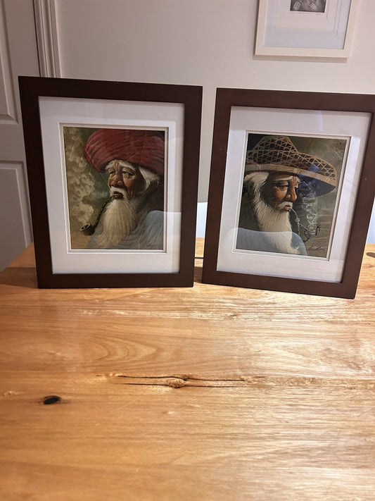 Pair Hand Painted Skeleton Leaf Portraits Asian Elders Framed 42cm