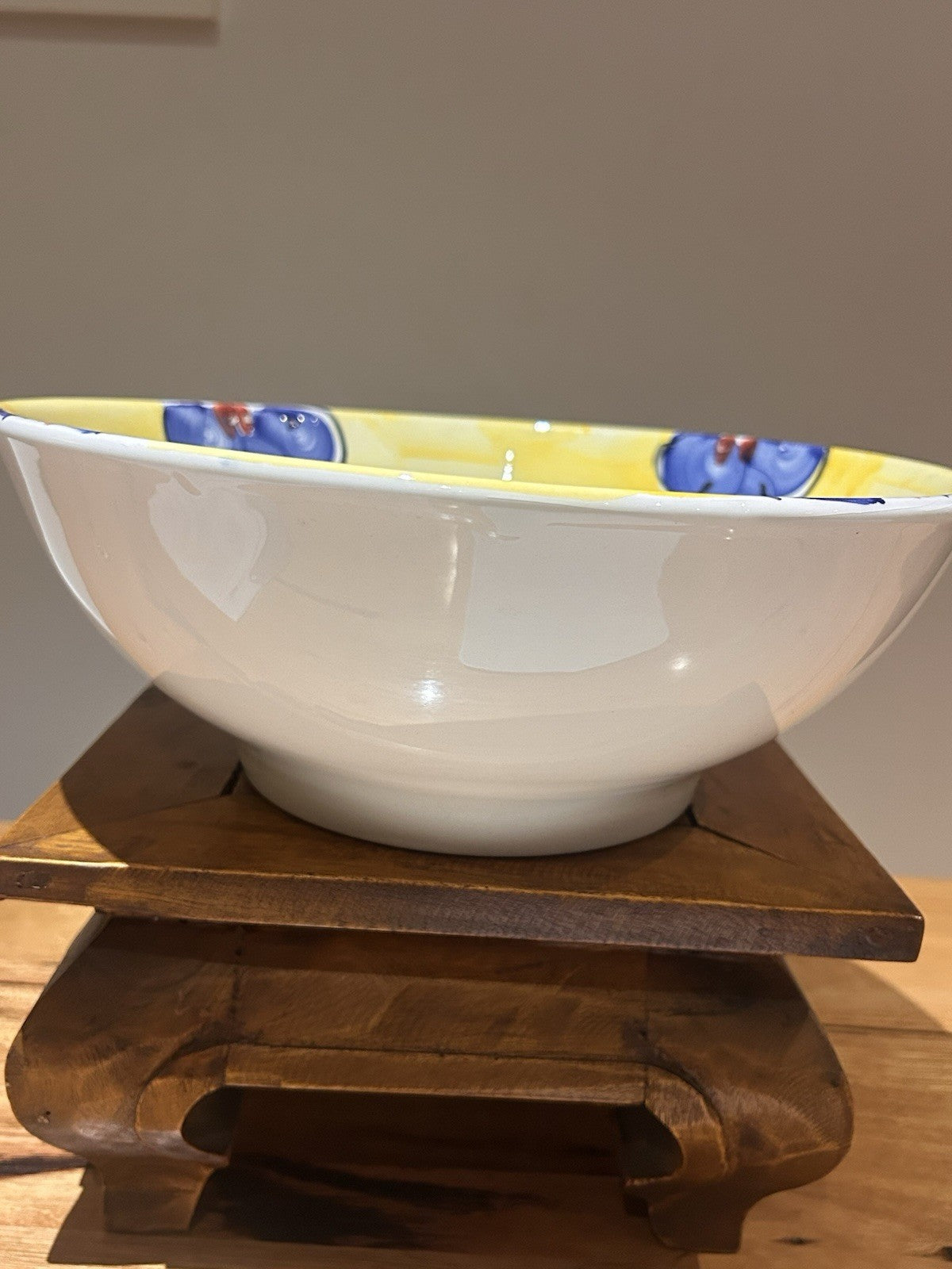 Italian Hand Painted Ceramic Bowl 29cm Deruta Style Yellow Blue Vintage