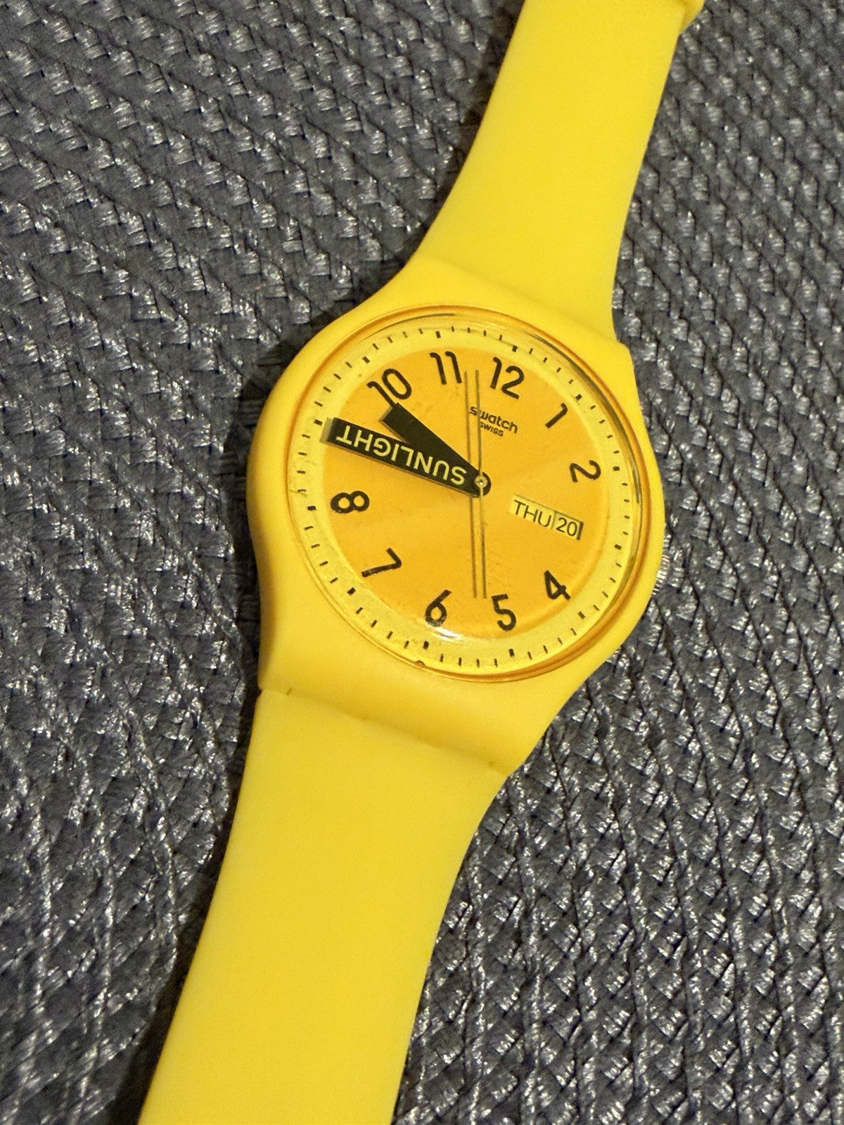 Swatch SUOJ702 Sunlight Yellow Rainbow Strap Swiss Watch Day Date Working