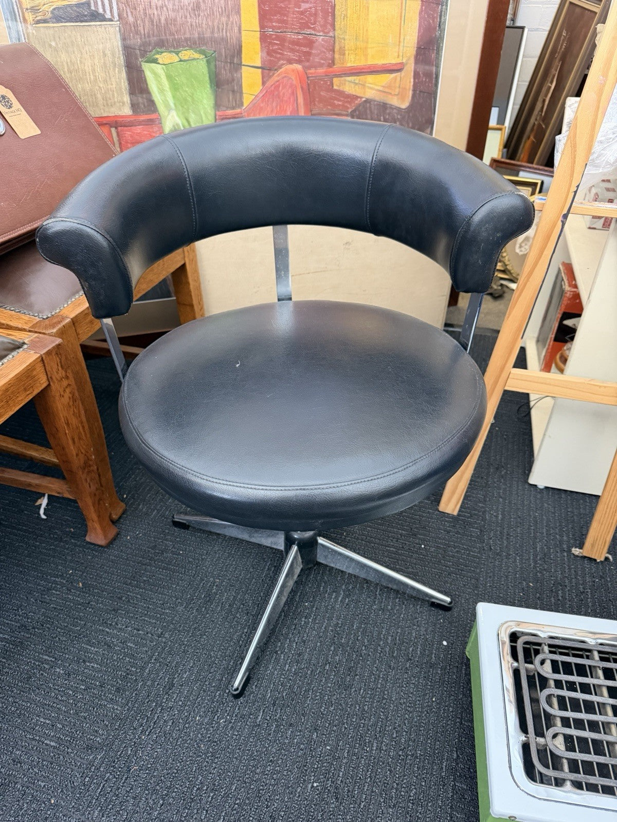 Vintage 1970s Black Swivel Tub Chair Chrome Star Base Retro Mid Century