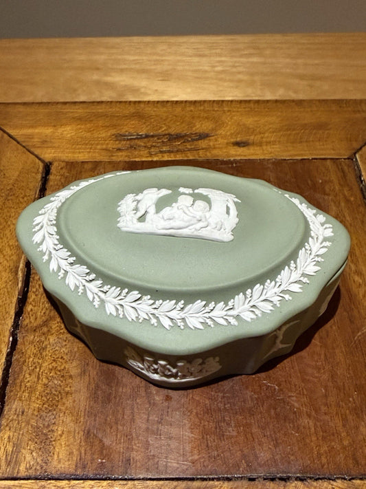 Wedgwood Jasperware Trinket Box Green Jasper Lidded Dish England