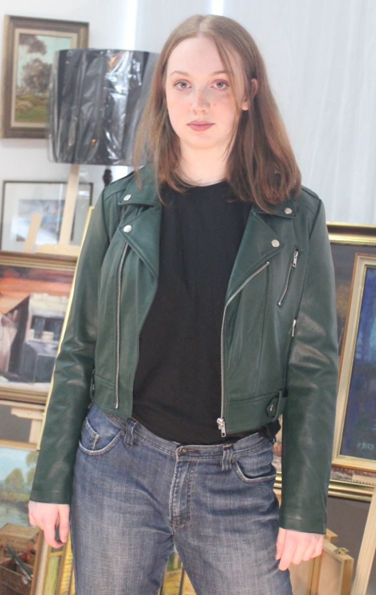 Dotti Womens Forest Green Faux Leather Biker Jacket Size 10 Cropped Zip Up