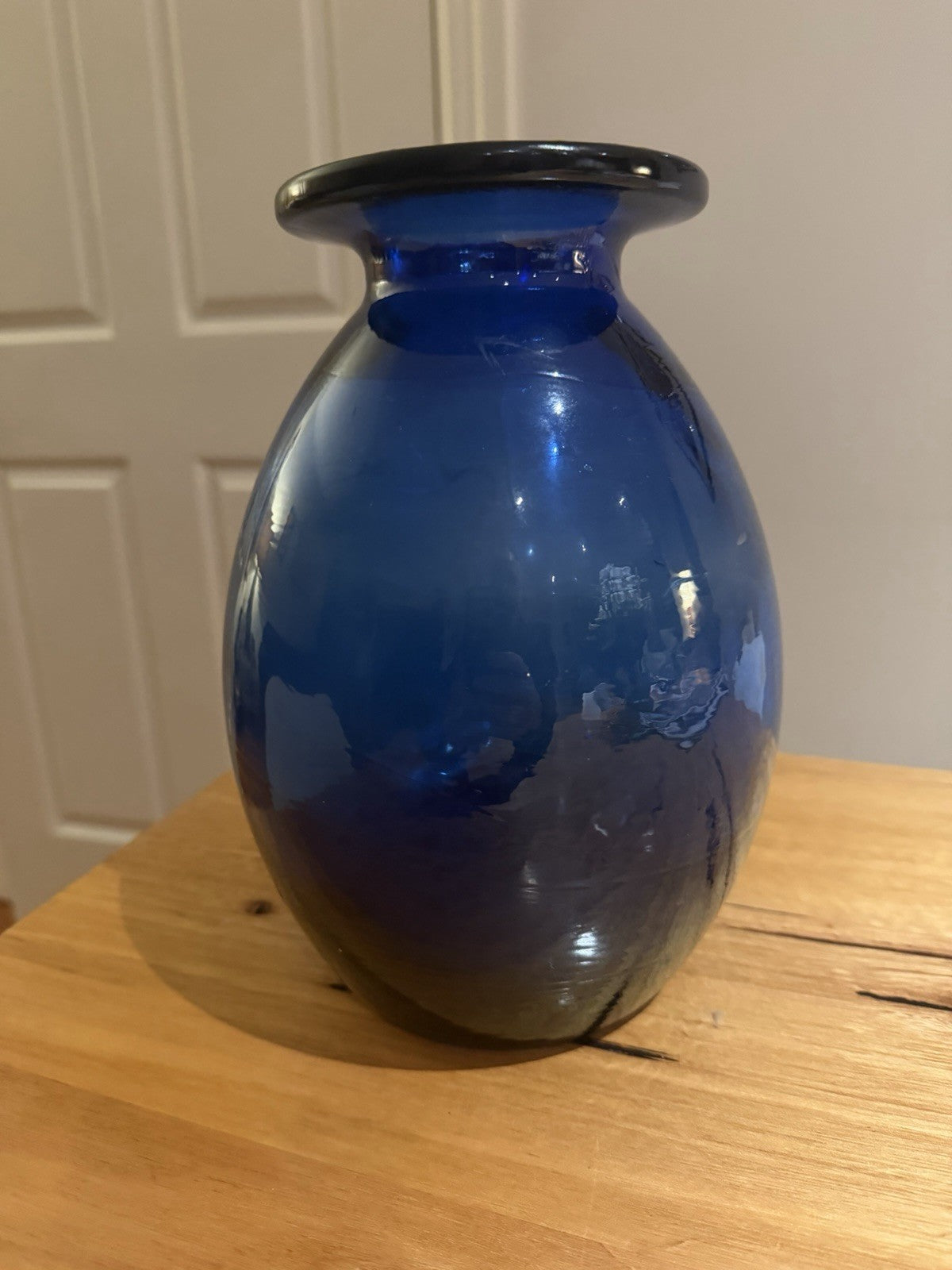 Vintage Cobalt Blue Hand Blown Art Glass Vase Heavy 2.54kg 25cm Rolled Rim