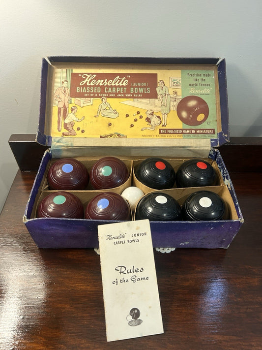 Vintage c1950s Henselite Junior Biassed Carpet Bowls Complete Set, Jack & Rules