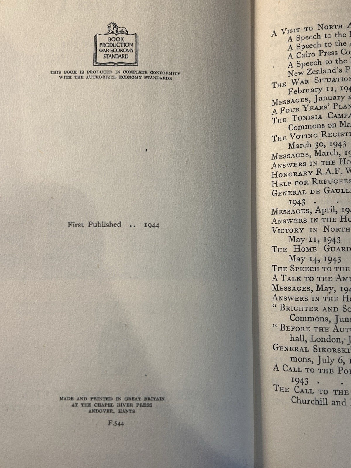 Winston Churchill Onwards to Victory 1944 1st Ed HC DJ 4th War Speeches Vol