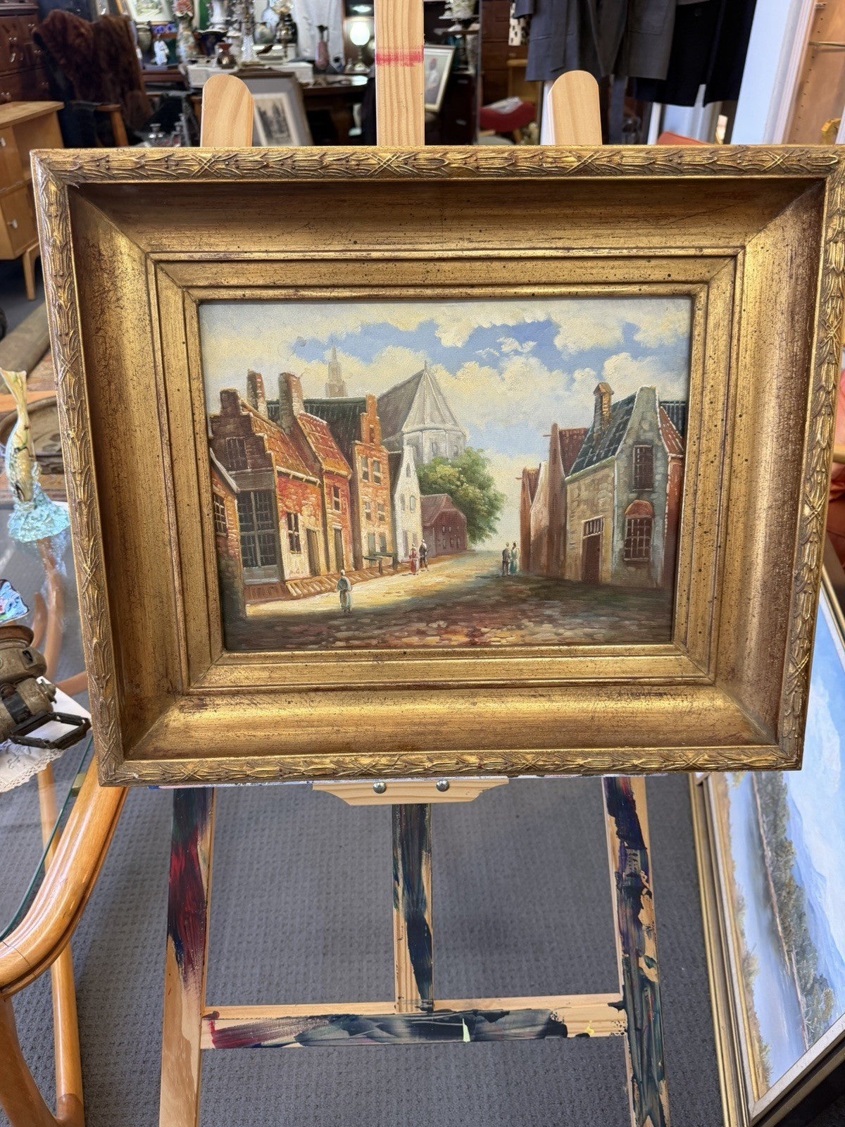 Vintage Dutch Flemish Street Scene Original Oil on Canvas Gilt Frame 59cm