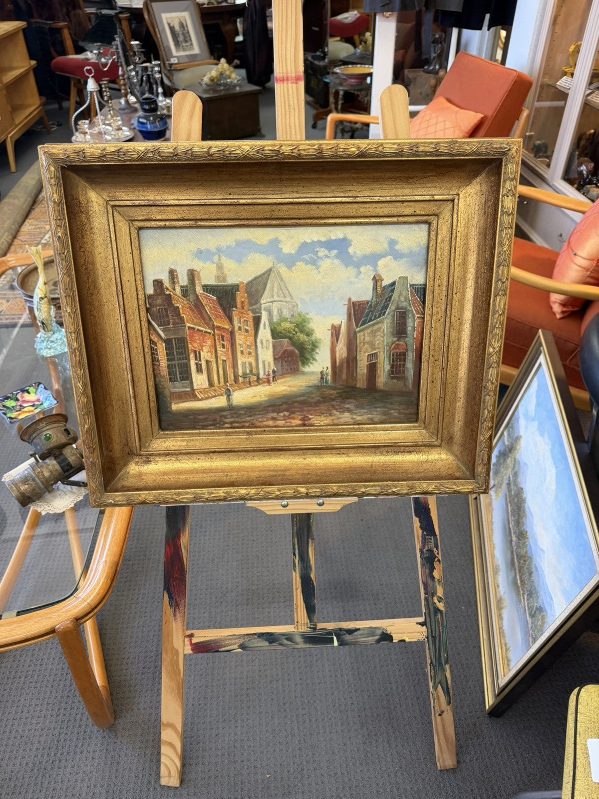 Vintage Dutch Flemish Street Scene Original Oil on Canvas Gilt Frame 59cm
