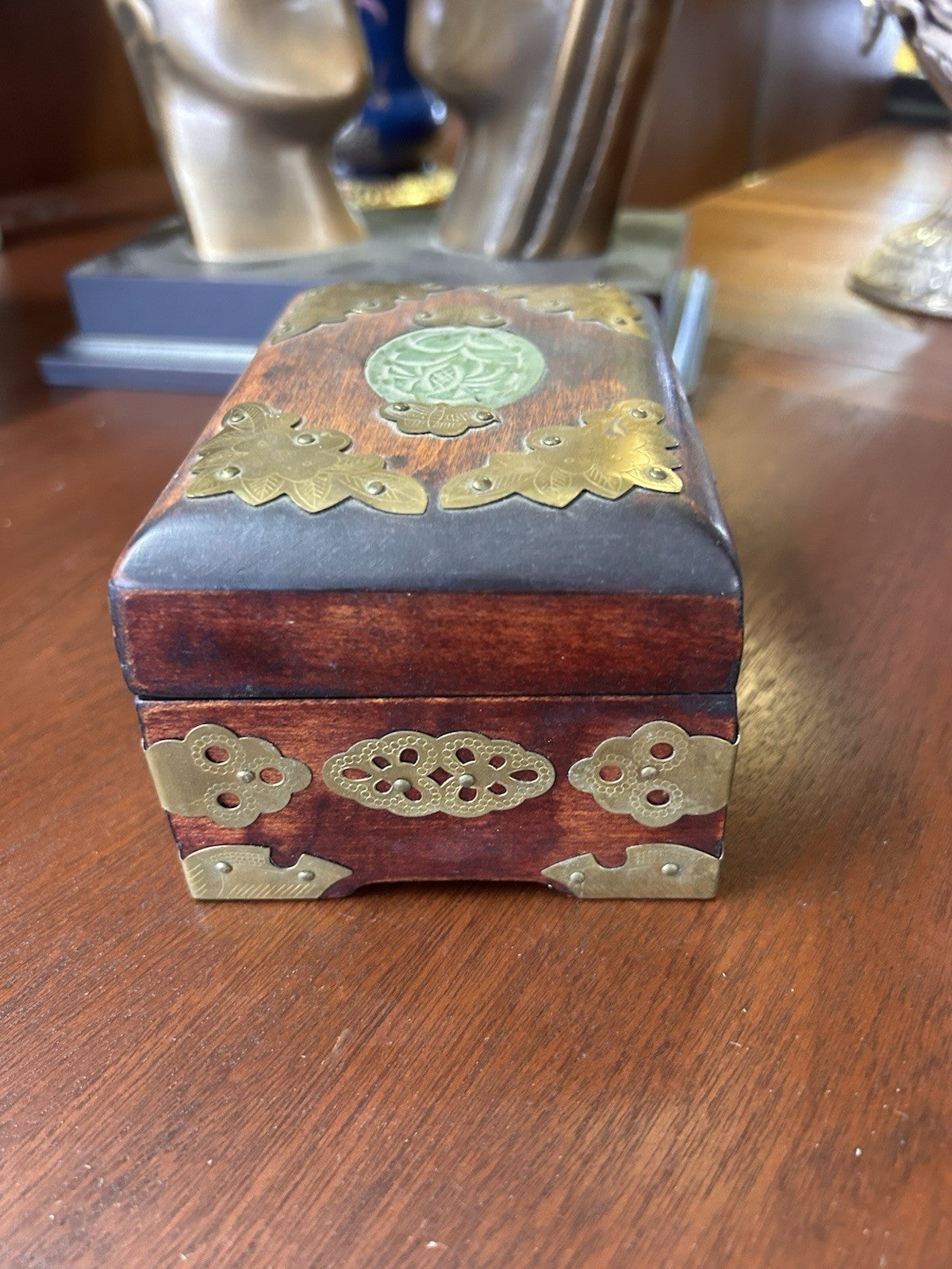 Vintage Wooden Jewellery Box Brass Mounts Red Silk Lined Asian Style