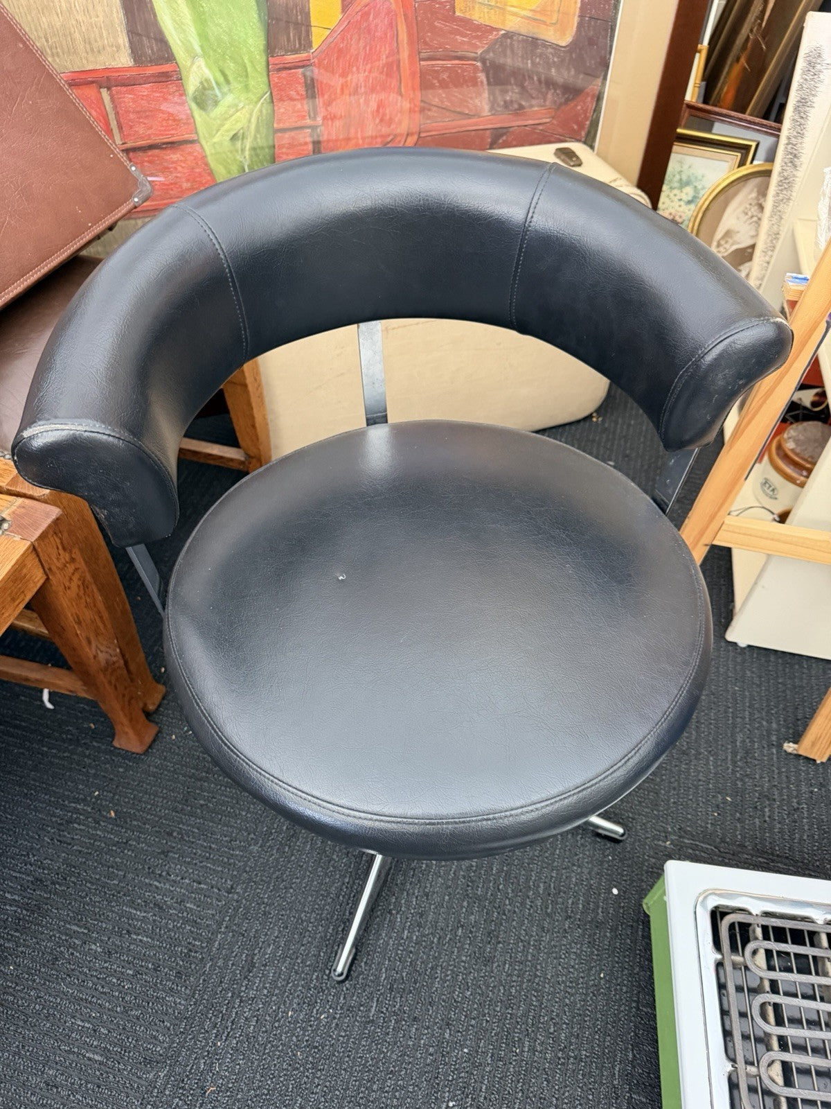 Vintage 1970s Black Swivel Tub Chair Chrome Star Base Retro Mid Century