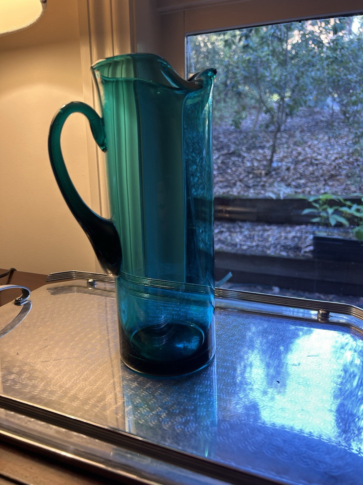 Vintage Scandinavian Teal Art Glass Pitcher 27cm Mid Century c1970 