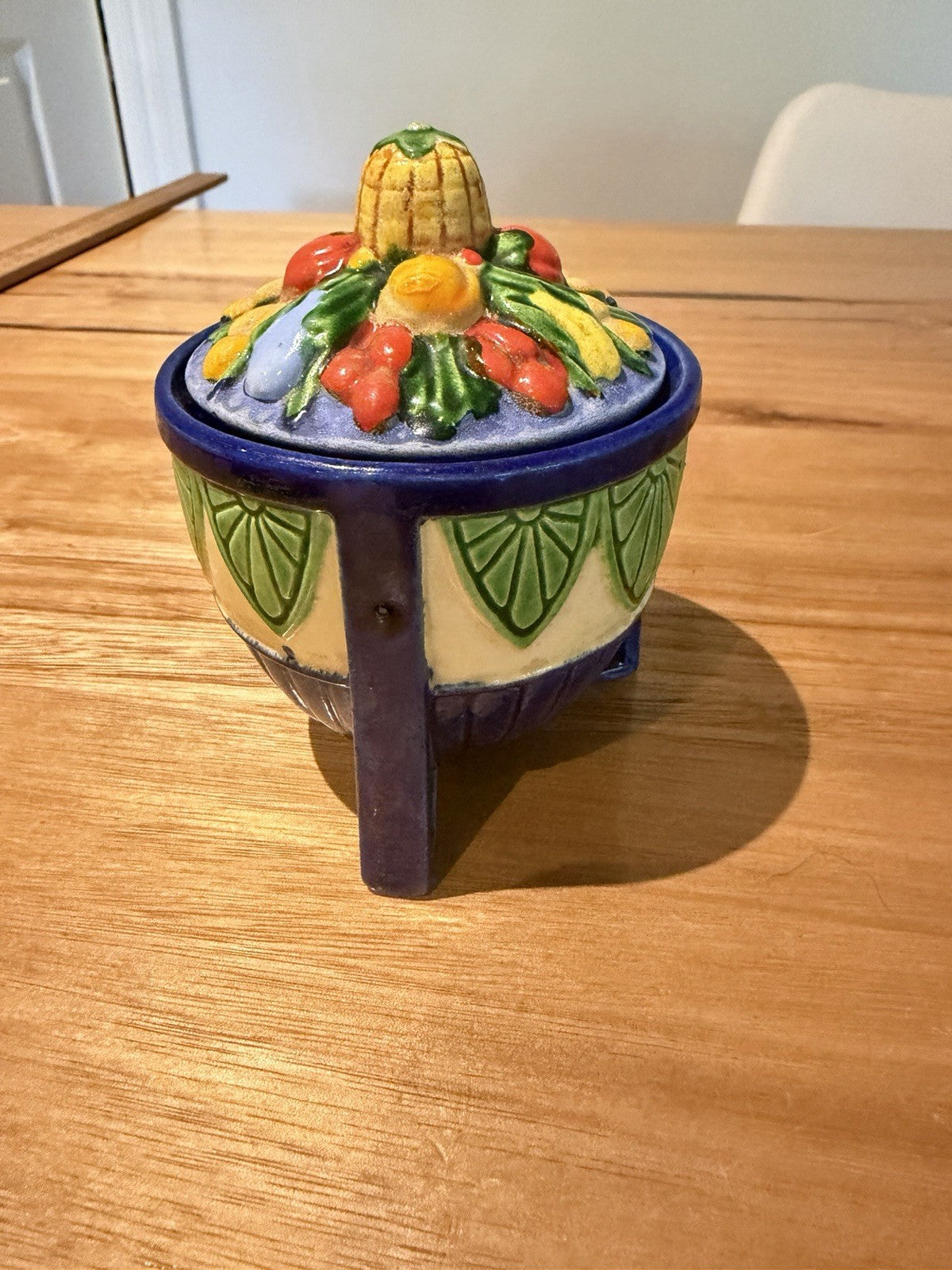 Vintage Japanese Majolica Sugar Bowl Fruit Pineapple Lid Footed Made Japan