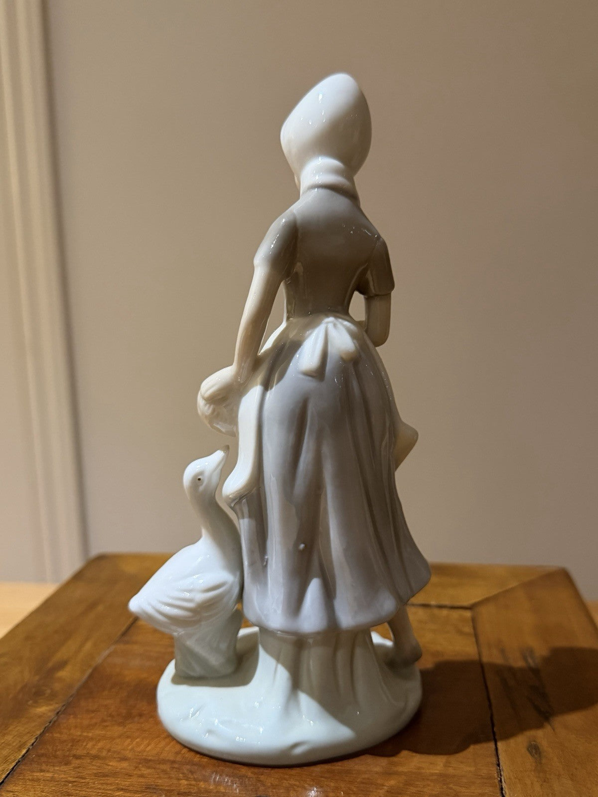 Vintage Porcelain Dutch Girl Feeding Geese Figurine White Blue 20cm
