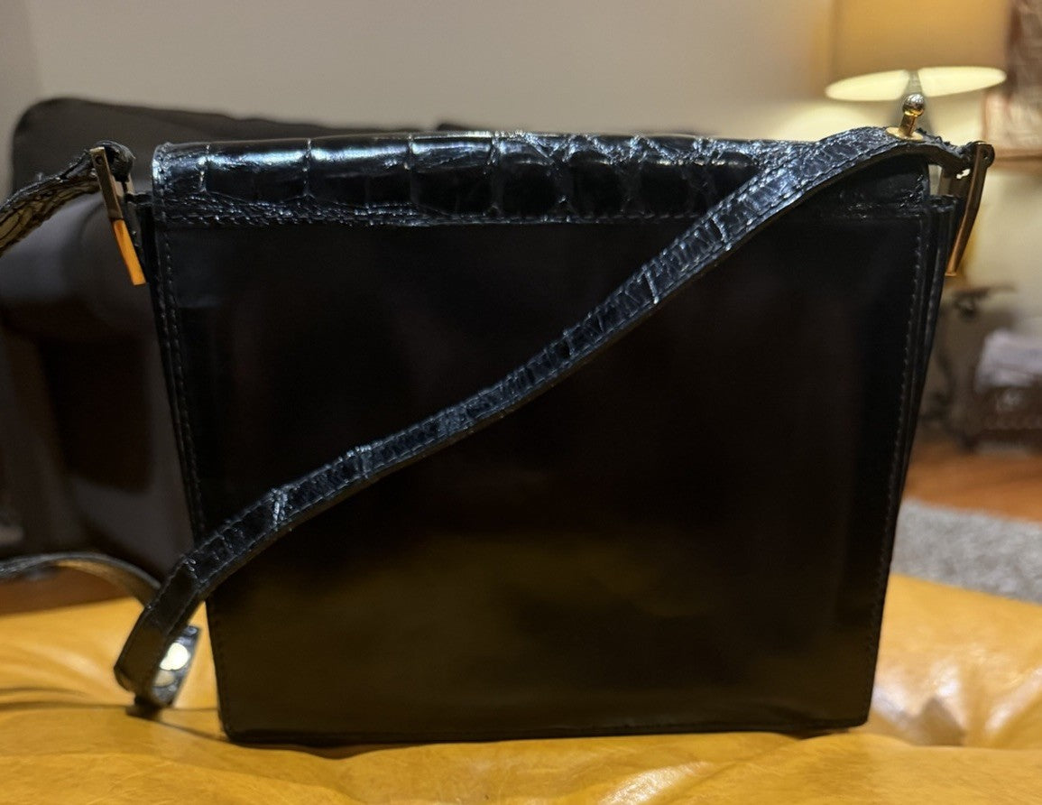 Vintage Lancel Black Leather Crocodile Effect Shoulder Bag Gold Hardware
