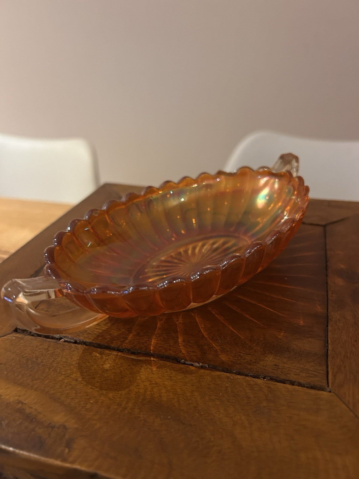 Vintage Amber Carnival Glass Serving Dish Handles Scalloped Bowl 30cm