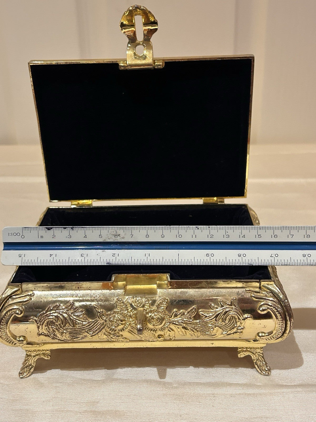 Ornate Gold Tone Metal Jewellery Casket Velvet Lined Footed Trinket Box