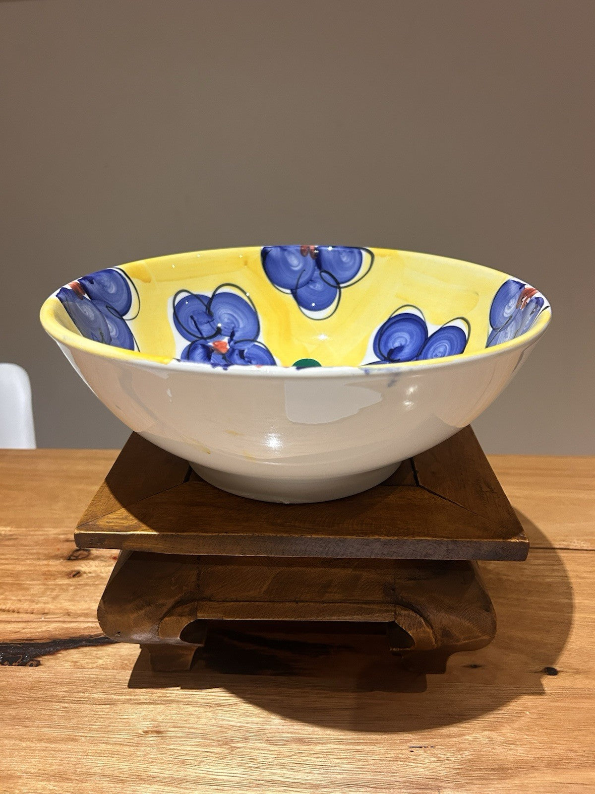 Italian Hand Painted Ceramic Bowl 29cm Deruta Style Yellow Blue Vintage