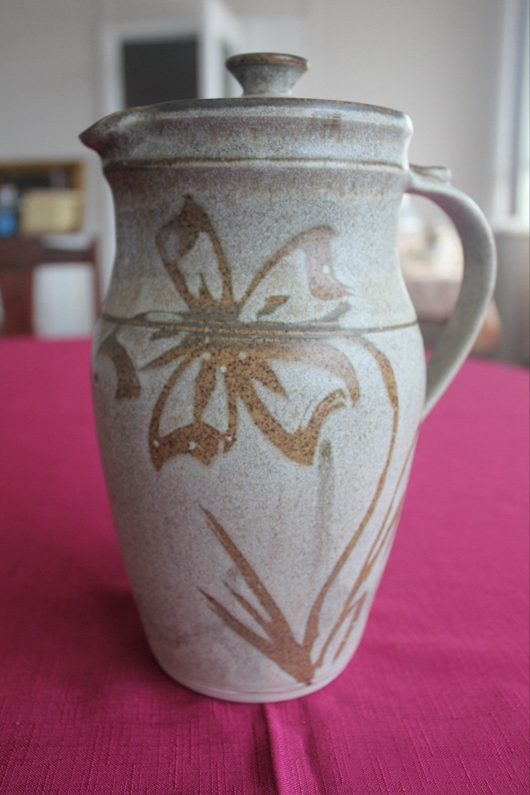 Vintage Studio Pottery Lidded Jug Hand Thrown Floral Stoneware ~23cm