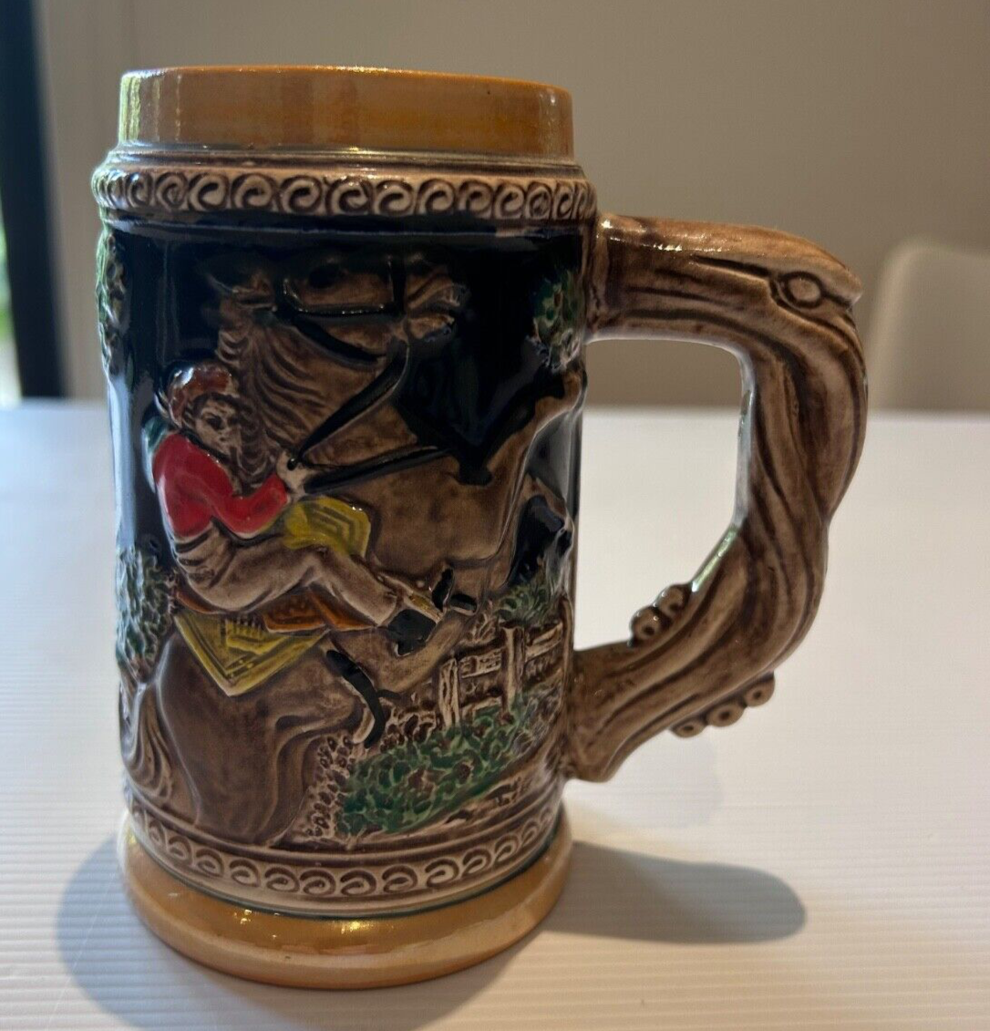 Vintage Japanese Beer Stein - Painted Relief Design - Equestrian Hunting Scene