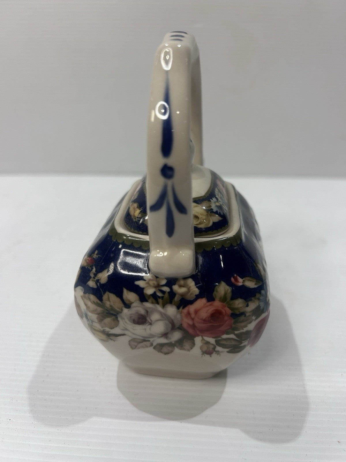 Ascot Fine China Teapot Floral Blue Rose Square Handle Vintage England